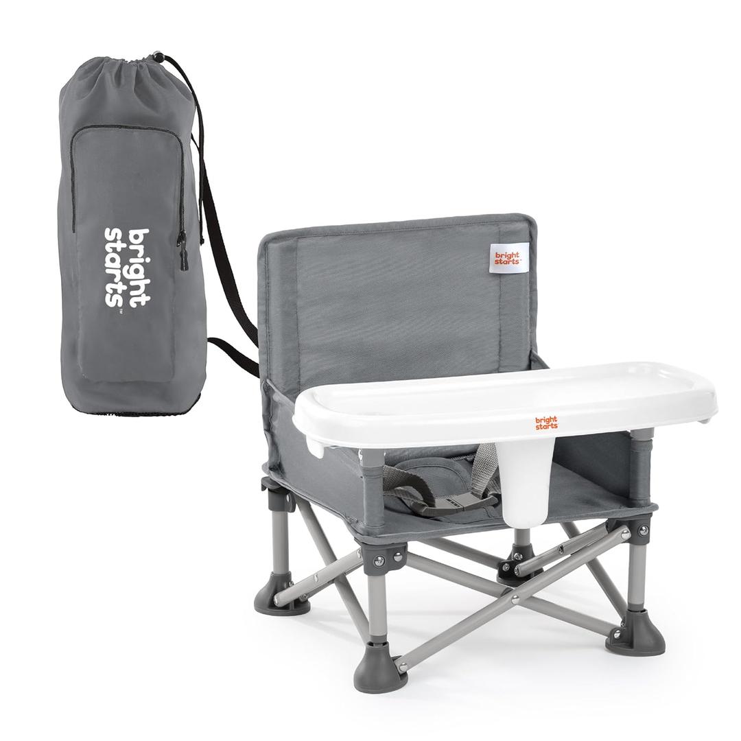 Bright Starts Pop N Sit Portable Booster Seat, 3-in-1 Floor Seat, Travel High Chair & Toddler Booster with Feeding Tray, Indoor/Outdoor, Grey, 6 Months - 3 Years