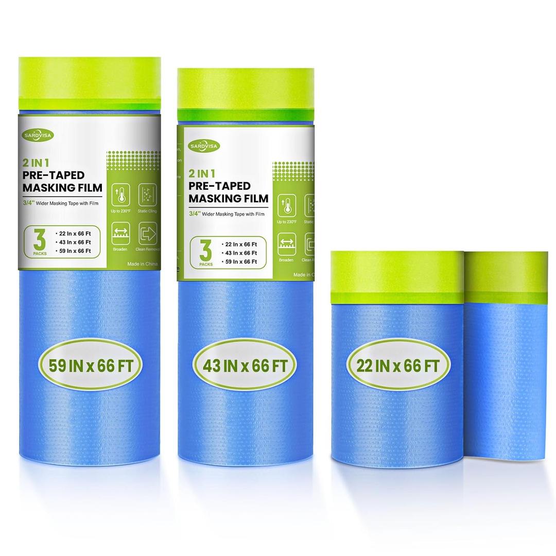 SARDVISA Pre-Taped Masking Film for Painting, 59/43/ 22 in * 66 FT, 3-Rolls Painters Plastic Sheeting with Widened Paint Tape and Drape for Covering Walls, Windows, Cars & Furniture Protection