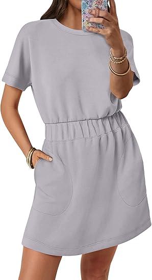ANRABESS Womens Long Sleeve Dress 2025 Fall Casual Elastic Waist Short Mini T Shirt Dresses with Pockets Travel Outfits Grey Medium