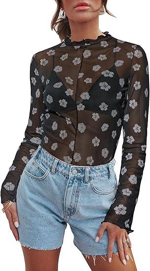 Women's Sheer Floral Long Sleeve Layering Top Ruffled Mock Neck Sheer Blouse for Casual Brunch Party Club Night Date Outfits, L, Floral Black Light