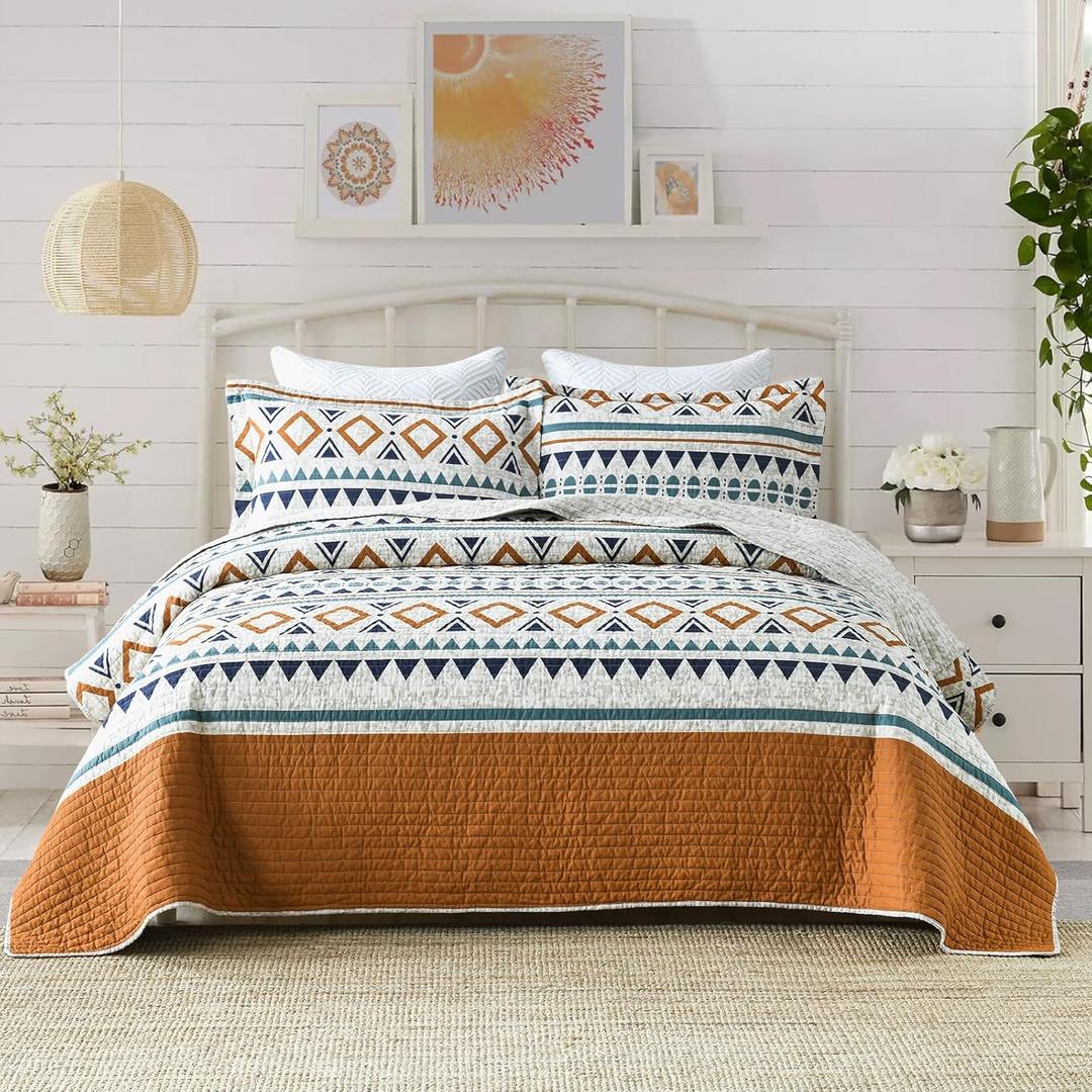 EWlinens Boho Queen Quilt Set - 100% Cotton Burnt Orange Quilts Queen Size, Bohemian Blue Lightweight Comforter Bedspread for Queen Bed, Soft Striped Geometric Quilt Bedding Set for All Season, 3pcs