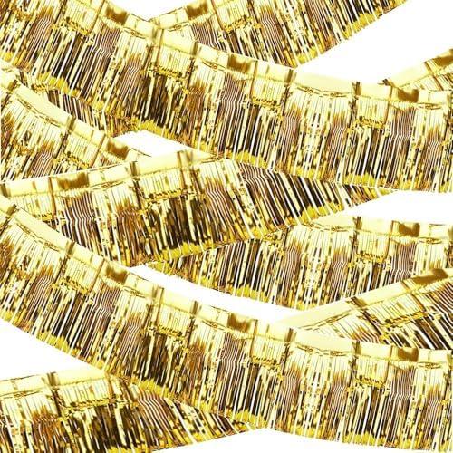 6 Packs 10 Feet Foil Fringe Garland, Metallic Tinsel Banner Wall Hanging Curtain Streamers Backdrop for Parade Floats, Wedding, Christmas, Birthday Party Decor, Gold