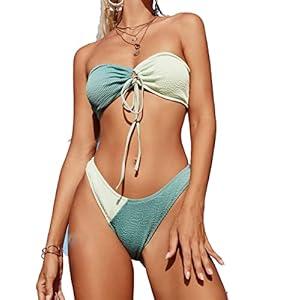 Meetall Bandeau Top Cheeky Bikini Sets for Women Sexy Strapless Bathing Suits for Teens Girls Cute Color Block Green Bikini Ribbed Two Piece Swimsuits for Women High Rise, Size M