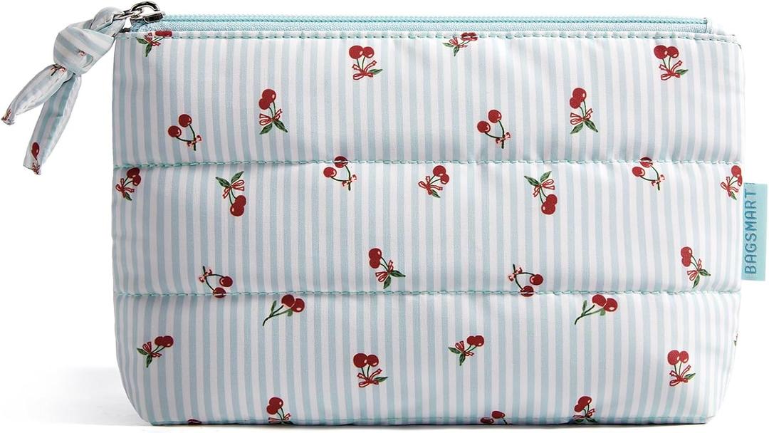 BAGSMART Small Makeup Bag, Puffy Portable Cosmetic Pouch with Charm Zipper, Water-Resistant Travel Organizer for Women (Ditsy Cherry Print, Small)