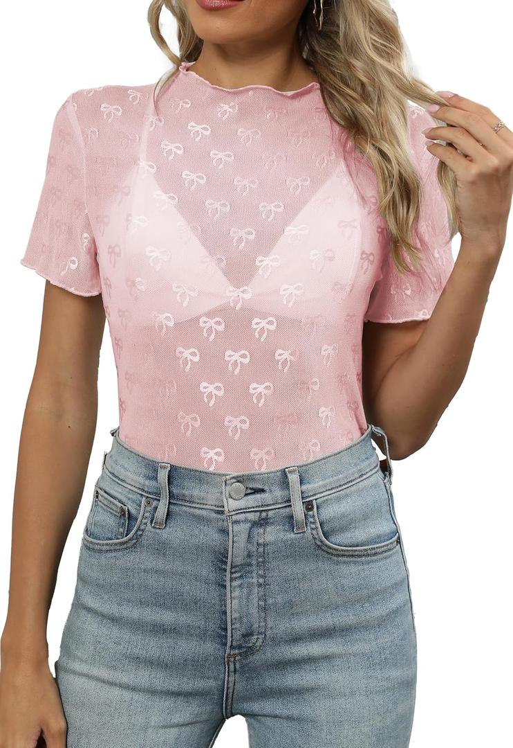 Women's Mesh Lace Top Sheer Short Sleeve T Shirt Mock Neck Summer Blouses (Pink, S)