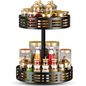 2 Tier Lazy Susan Organizer - 360 Rotating Spice Rack, Adjustable Industrial Spinning Spice Holder, Versatile Countertop Organizer for Cabinet, Pantry, Kitchen, Dining Table, Bathroom and Vanity