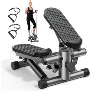 Mini Stepper with Resistance Bands, Stair Stepper for Exercise at Home, Compact Hydraulic Fitness Machine, Adjustable Step Height, Quiet Design, 300LBS Capacity, Calories, and Steps Tracking