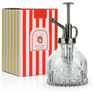 T4U Glass Plant Mister 200ML, Vintage Spray Bottle with Top Pump Fine Mist Garden Flower Sprayer Small Decorative Spritzer Watering Can Gift for Indoor Outdoor Succulent House Plant (Clear)