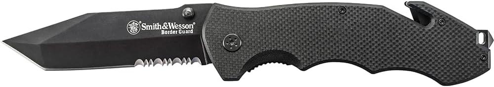 Smith & Wesson Border Guard SWBG6TS 10.1in S.S. Folding Knife with 4.2in Serrated Tanto Blade and G-10 Handle for Outdoor, Tactical, Survival and EDC,Black