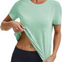 MAGCOMSEN Women's Cropped Workout Tops Short Sleeve Split Back Quick Dry Athletic Shirts Breathable for Running Yoga (Green, M)
