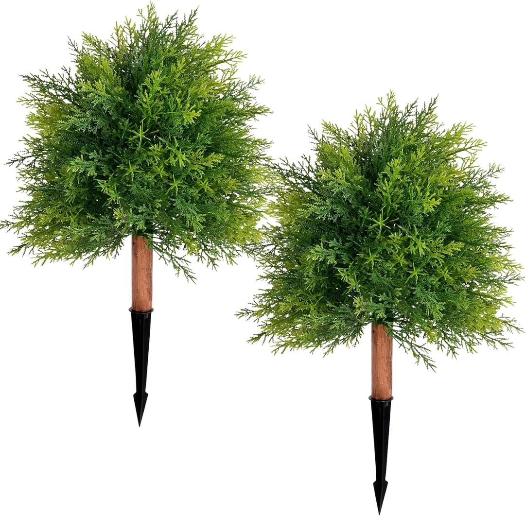 28" Artificial Cedar Topiary Ball Trees, 2 Pack Fake Plants with UV Resistant Evergreen Texture, Durable Ground Spikes Faux Shrubs Bushes Artificial Plants for Outdoor Indoor Front Porch Garden Decor