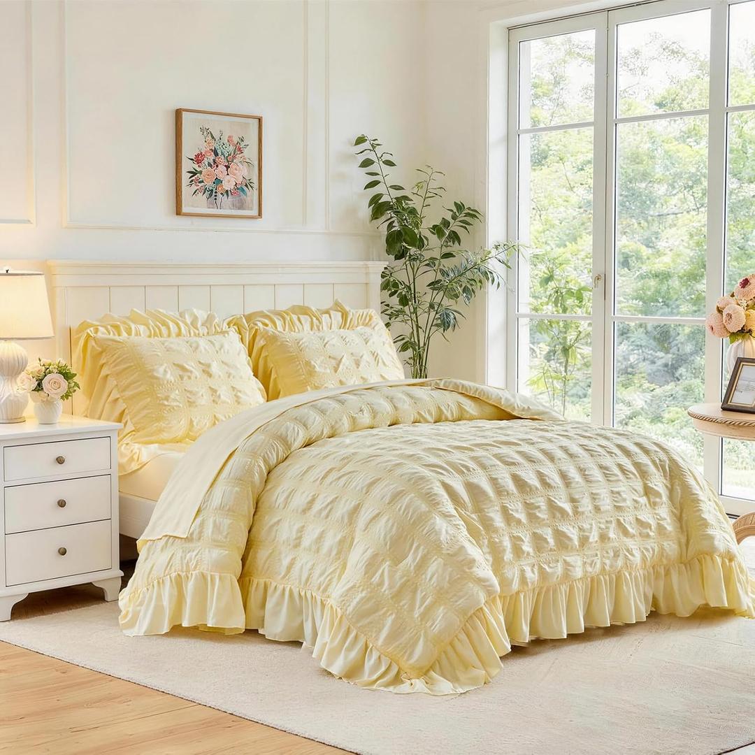 Flysheep Yellow Plaid Seersucker Comforter Set with Ruffled Fringe Queen Size, 3 Pieces Lightweight Soft Fluffy Farmhouse Bedding Set for All Season, Elegant Bed Set with Ruffle Shams (Yellow, Queen)