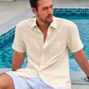 Runcati Mens Casual Shirts Button Down Short Sleeve Lightweight Linen Shirt Summer Beach Tops with Pocket (X-Large, Beige)