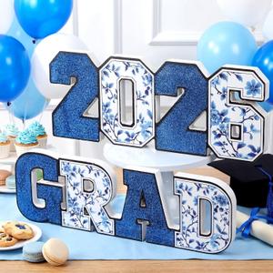 Kathfly 2 Pack 2026 Grad Signs Glitter Graduation Party Decorations Graduation Table Centerpieces Class of 2026 Wooden Tabletop Congrats Grad Signs Table Toppers for Congrats Decor(Blue Chinoiserie)