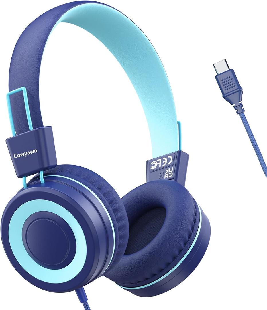 USB Type C Kids Headphones for School, Wired Toddler Headphones, 94dB Volume Limited, HD Stereo Sound, Foldable Lightweight On-Ear Wired Headphones for Kids/Children/Teens/Boys (Dark Blue)