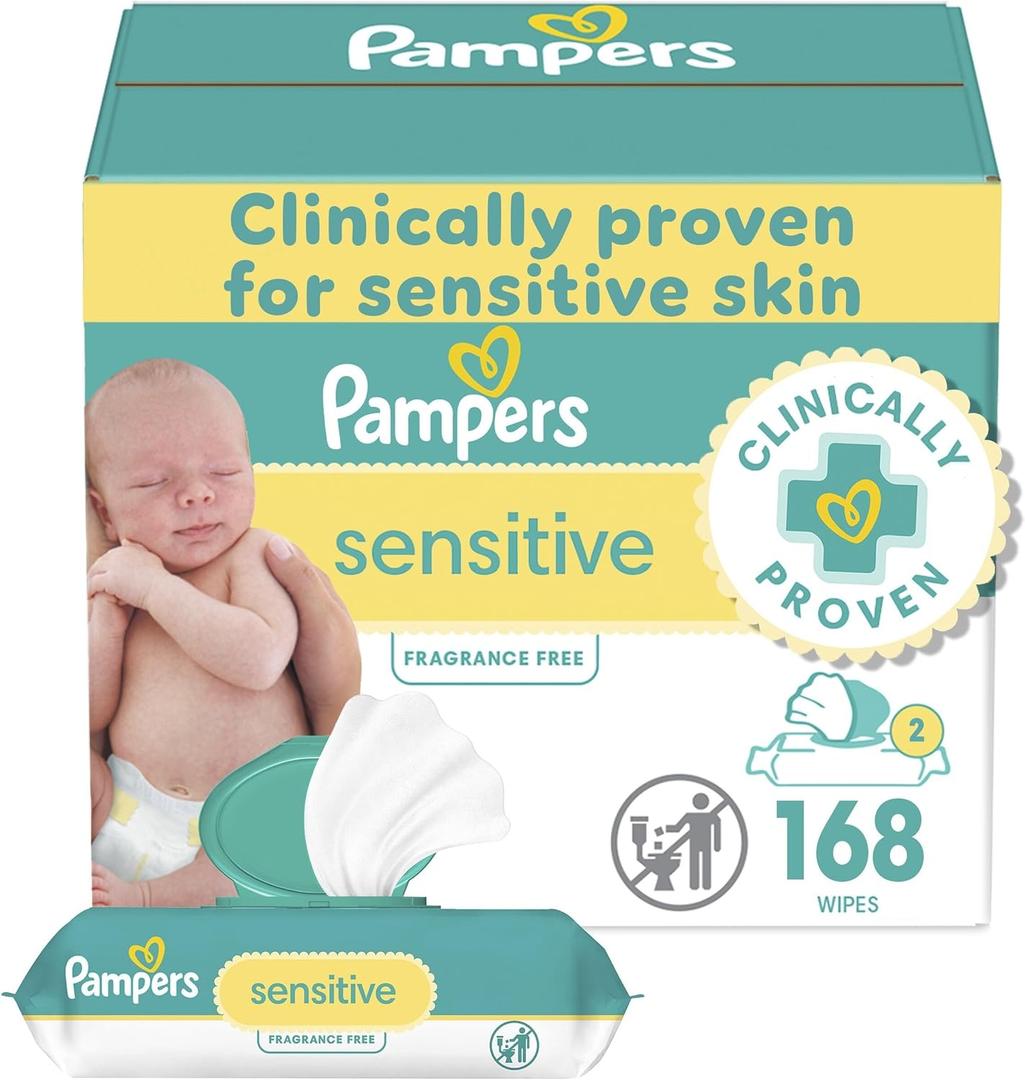 Pampers Baby Wipes Sensitive, Water Based Baby Wipes, Hypoallergenic and Unscented Baby Wipes, 168 Wipes Total (2 Flip-Top Packs)