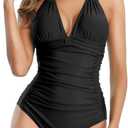 Smismivo Women's Tummy Control One Piece Swimsuits Long Torso Curvy Halter Bathing Suit (Large, Black)