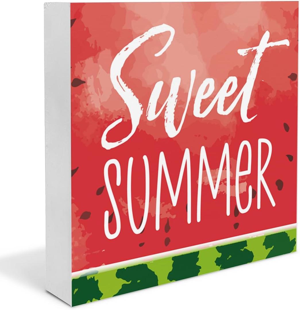 Summer Decor - Watermelon Decorations Summer Fruit Wooden Decorative Sign Home Decor for Desk Table Shelf 5 x 5 Inches