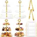 Willinglong 10 Pack Cake Stand Set Cake Stand with Gold Rim, 4 Three-tier Cupcake Stands, 4 Serving Trays, and 2 Tongs for Dessert Table Display, Elegant Plastic Pastry Tower for Weddings Showers