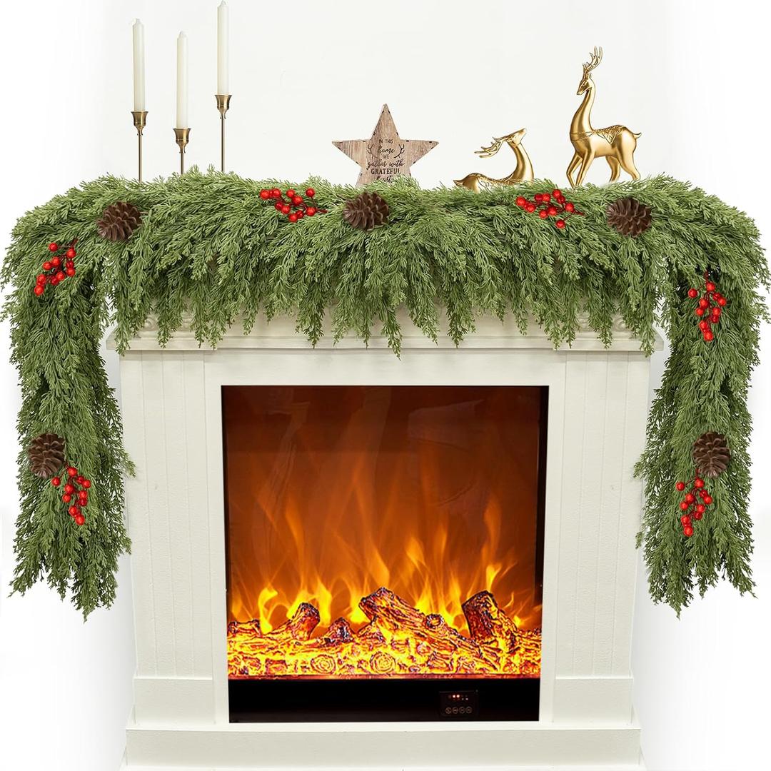 6FT Artificial Cedar Christmas Garland for Mantle Christmas Decorations Real Touch Realistic Greenery Faux Pine Garlands for Xmas Home Decoration Fake Winter Indoor Outdoor Garland Door Decor (Red Fruit With Pine Cone)