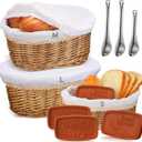 Havawish 3 Pack Wicker Bread Baskets Winter Gifts Handmade Serving Woven Baskets with Warmer Stones Removable Liner Cover Tongs 3 Sizes for Home Kitchen Housewarming Gifts