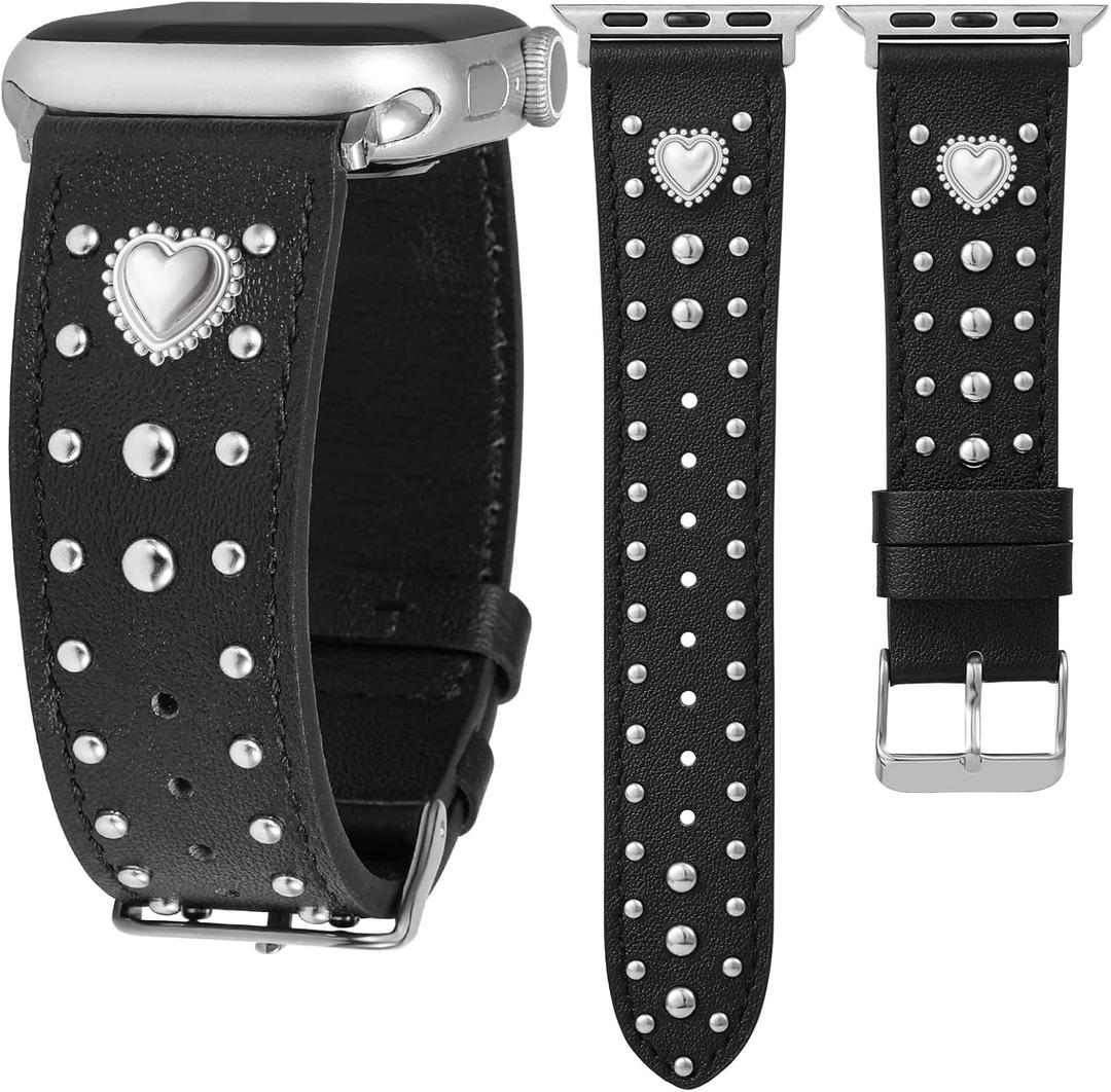 Wearlizer Leather Band Compatible with Apple Watch Bands Women 42/46/38/40/41/44/45/49mm, Dressy Fancy Designer Pretty Heart Charms Studded Strap for iWatch Series 11 10 9 8 7 6 5 4 SE/Ultra 3 2 1, Size: 49/46/45/44/42mm(Series 3 2 1)