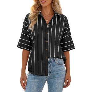 Cicy Bell Women Striped Button Down Shirt Short Sleeve Collared Blouse Tops (Black)