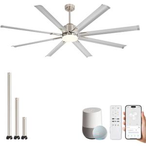 ZMISHIBO 72 inch Smart Aluminium Blade Ceiling Fans with Lights and Remote, Outdoor Large Ceiling Fans with Remote/Alexa/App for Patio Living Room, Nickel Ceiling Fan, 8 Blades