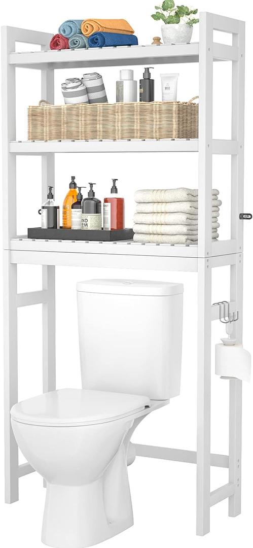 Homykic Over The Toilet Storage, Bamboo Over Toilet Bathroom Organizer Rack, Freestanding Bathroom Shelves Above Toilet Storage with 3 Hooks, Bathroom Space Saver, No Rust, Easy to Assemble, White