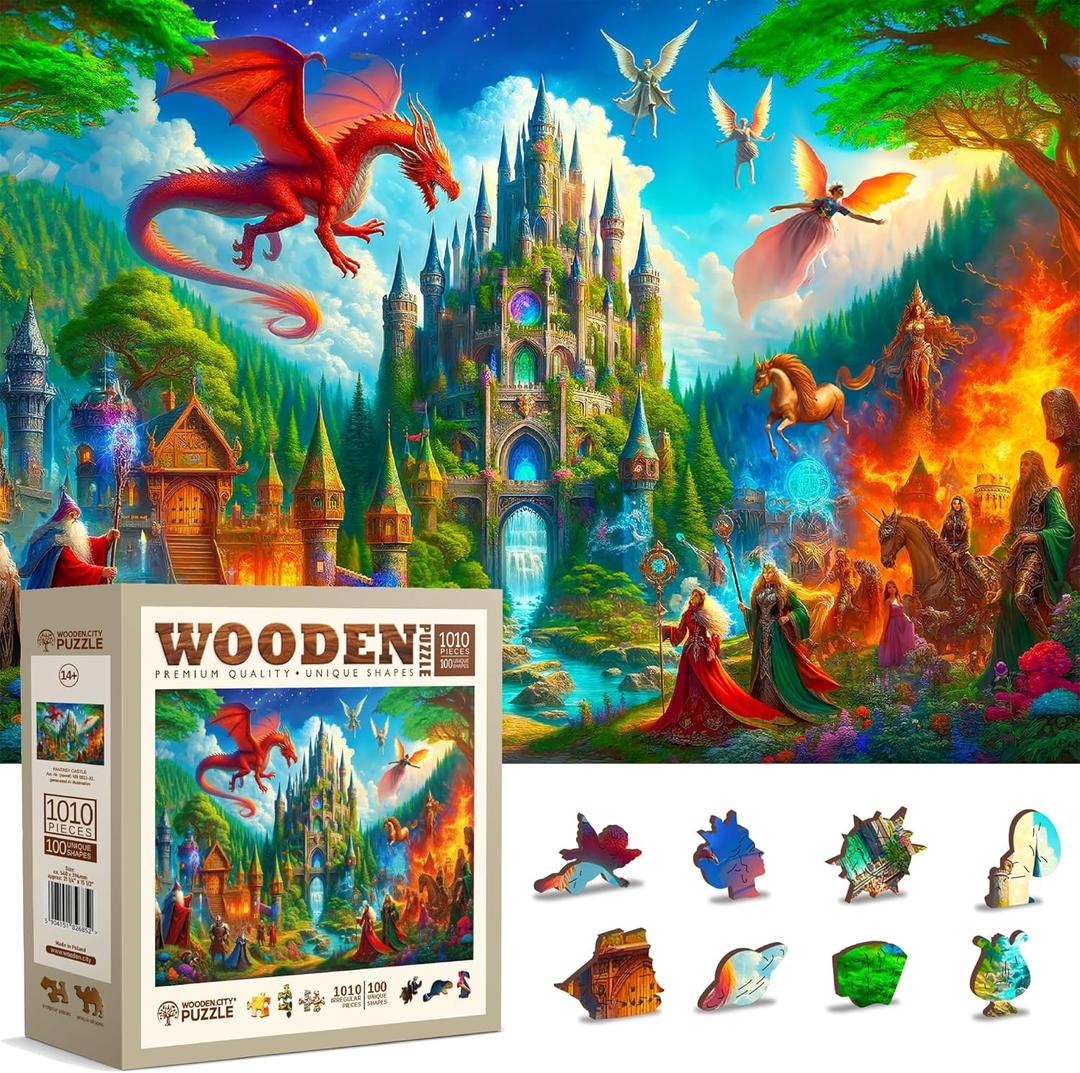 WOODEN.CITY Wooden Puzzle 1000 Pieces - Fantasy Dragon Castle | 21,25 in x 15,5 in | Made in EU