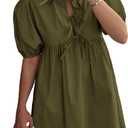 PRETTYGARDEN Womens 2025 Summer Casual Short Sleeve Dresses A Line Bow Tie Front Babydoll Loose Cute Mini Dress with Pockets (Green, S)