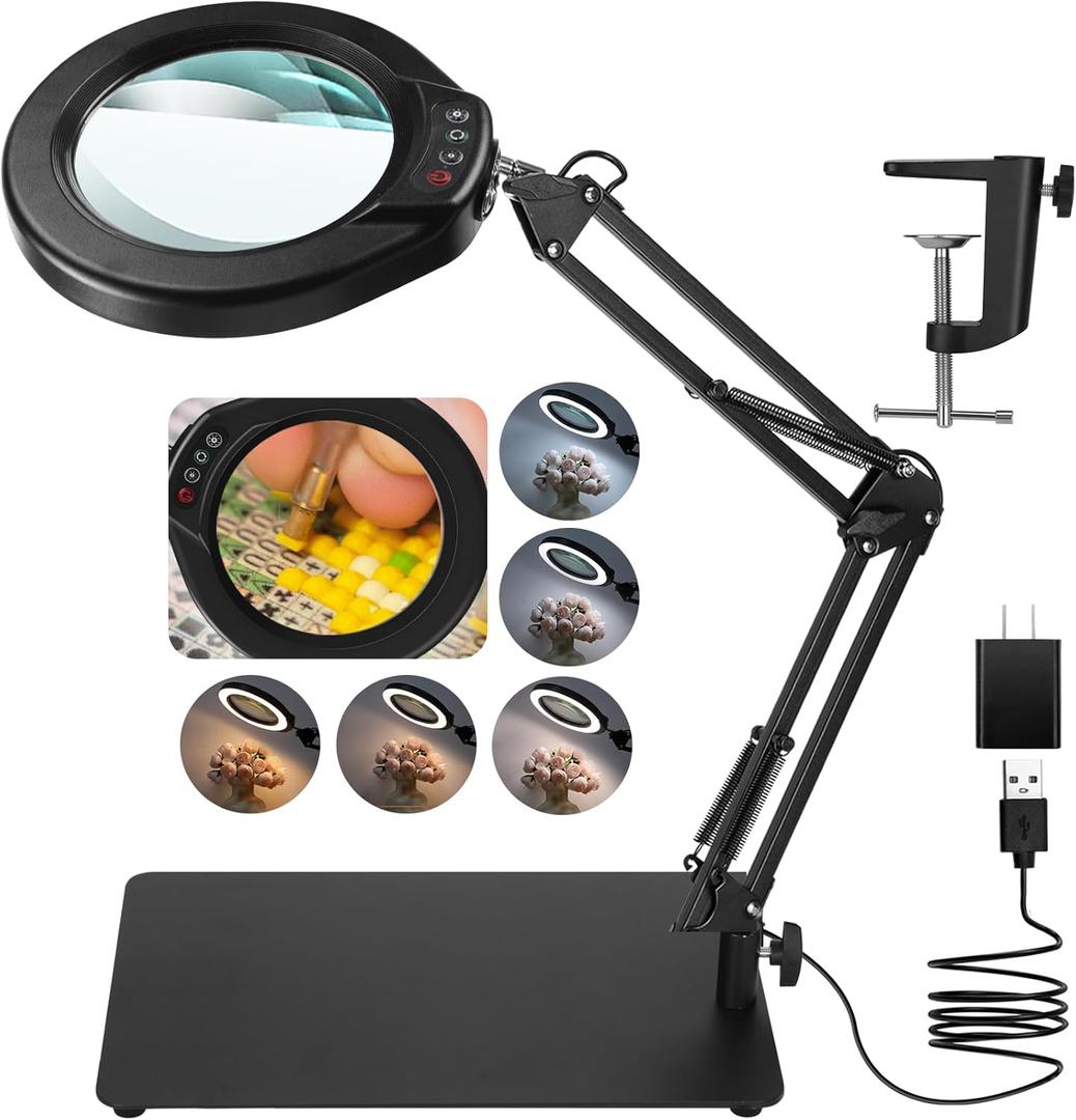 5 Inch Large Magnifying Glass with Light and Stand, 2-in-1 LED Lighted Magnifier, 5 Color Modes Stepless Dimmable, Hands Free 10X Magnifying Desk Lamp with Clamp for Craft Hobby Repair Close Works (Black)