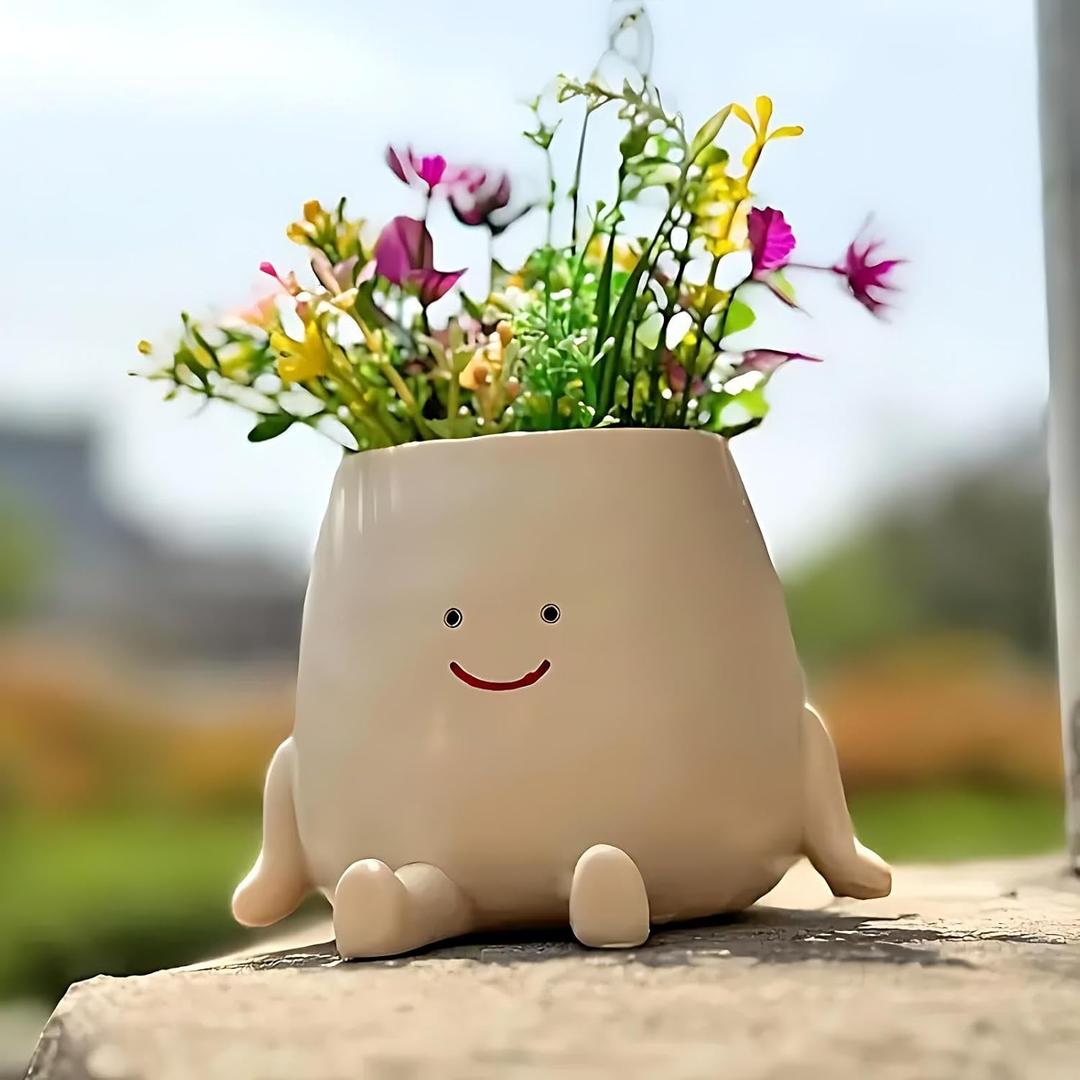 Smiley Face Planter Pot  Small Cute Resin Flower Head Planter with Drainage Hole, Succulent Pot for Indoor & Outdoor Home Dcor