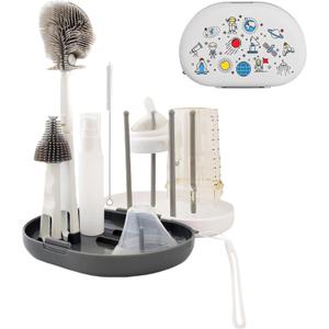 Bottle Brush Set -Baby Travel Essential-6 in 1 Bottle Cleaner Kit with Silicone Bottle Scrubber, Nipple Cleaner, Straw Brush, Drying Rack, Soap Dispenser, Storage Box - Home and Travel (White/Gray)
