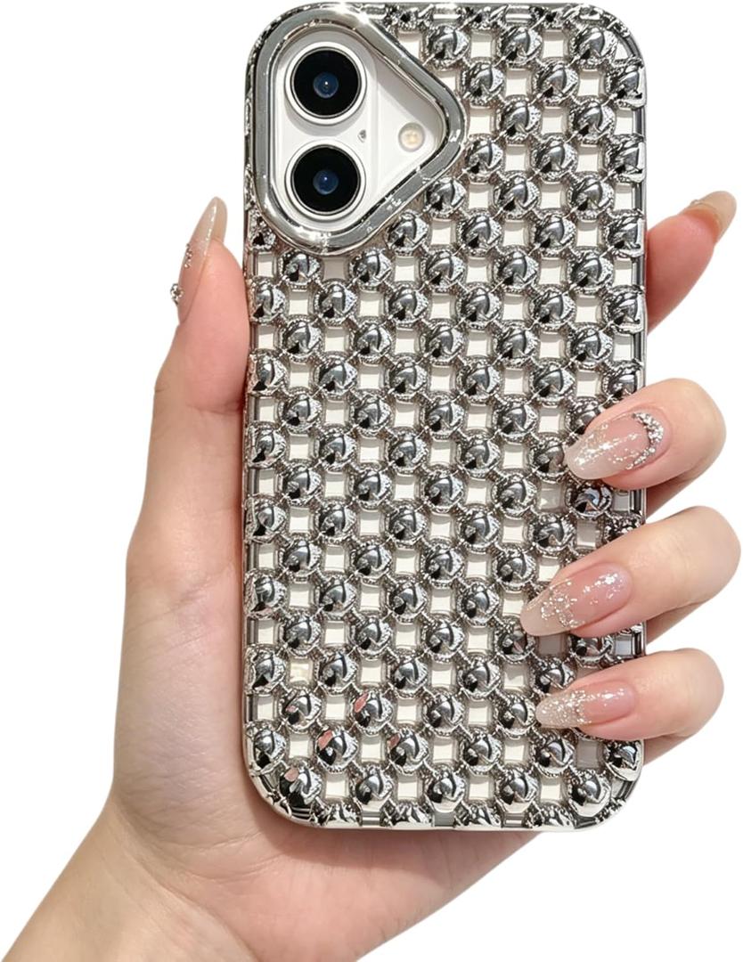 YTanazing Heat Dissipation Case for iPhone 16, Cute Glossy Chrome Electroplate Bubble Bead Pearl Phone Case Breathable Cooling Hollow Shockproof Protective Corver for Women Girls, Silver