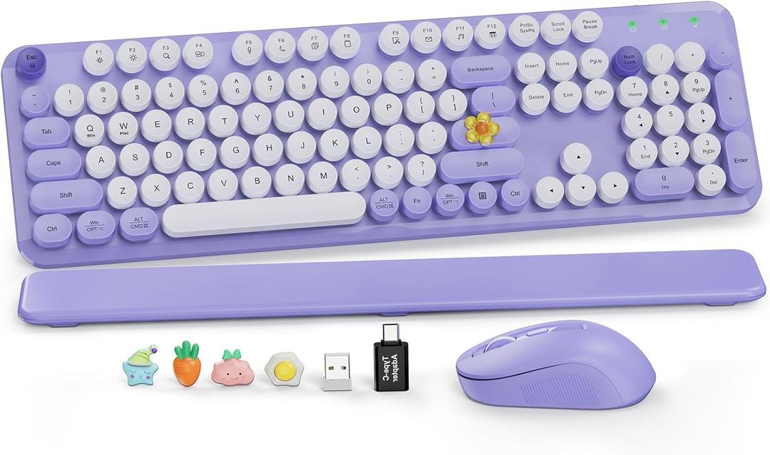 Wireless Keyboard and Mouse Combo, Cute Round Keycaps, Full-Size Retro Typewriter Keyboard with Detachable Wrist Rest, 2.4GHz Cordless Connection for Mac/Windows/PC/Laptop (Purple)
