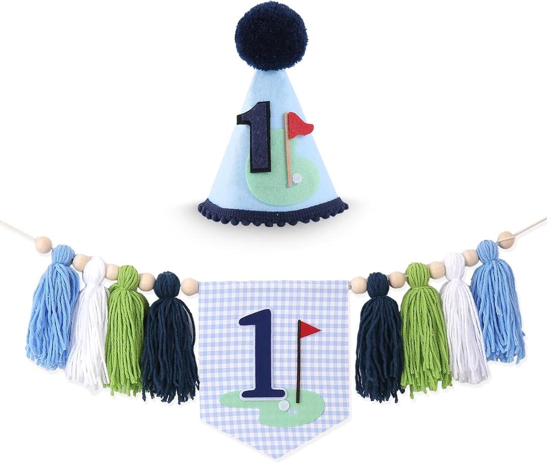 Golf 1st Birthday HighChair Banner - Hole in One Theme Blue Gingham One High Chair Banner & First Birthday Cone Hat Decorations for Little One with Tassels for Cake Smash
