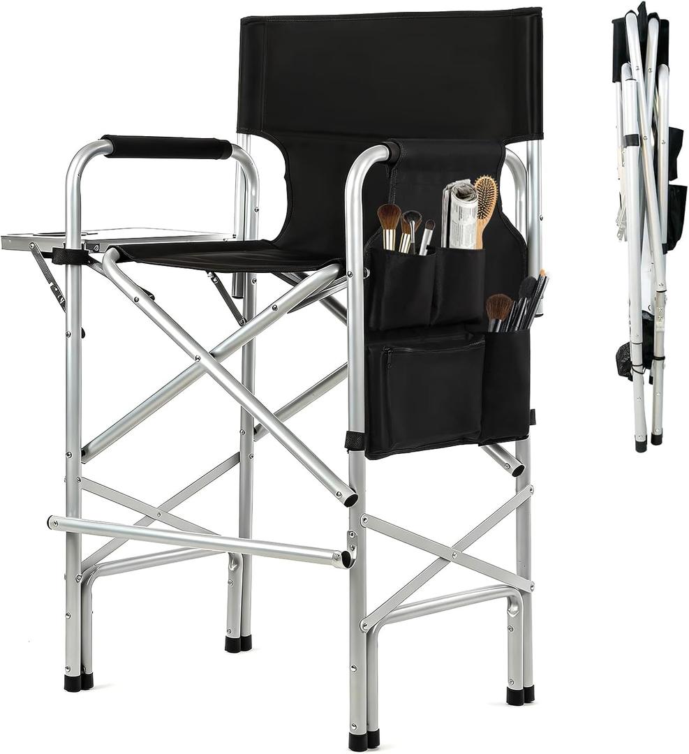 Makeup Chair for Makeup Artist 45.6'', Tall Directors Chairs Foldable for Clients with Side Table Cup Holder Storage Bag and Footrest, Folding Chair 400lbs Capacity Black