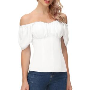Scarlet Darkness Women Renaissance Shirt Off Shoulder Flutter Short Sleeve Top Summer Square Neck Peasant Blouse (Small, White)