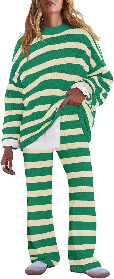 LAMISSCHE Oversized Womens Lounge Set Striped Sweater Set Long Sleeve 2 Piece Pajama Set Top and Pants with Pockets (Large, Green & Cream)