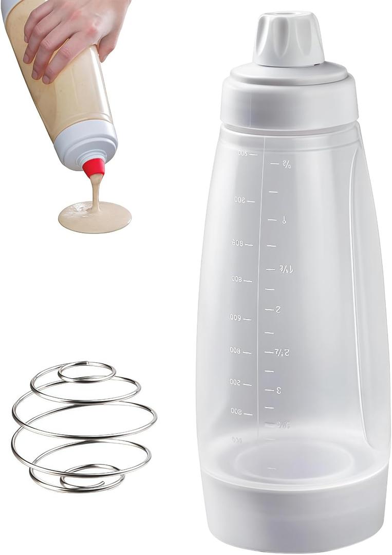 Pancake Batter Dispenser with Blender Balls,33 Oz Pancake Mixer Bottle,Batter Mixer,Kitchen Batter Squeezer Bottle with Graduated Lines and Sturdy Base for Cupcakes,Crepes,Muffins,Pancakes