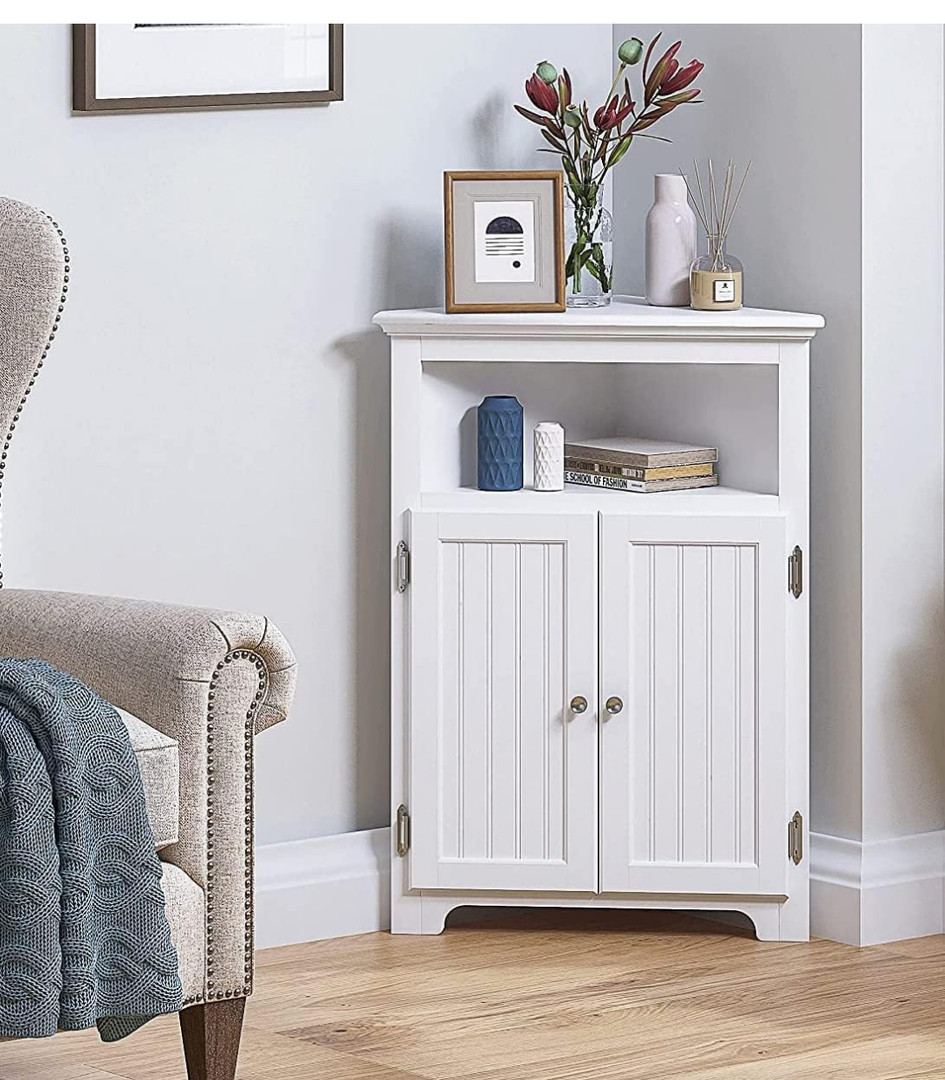 UTEX Bathroom Corner Storage Cabinet, Small Floor Corner Cabinet with Doors and Adjustable Shelves, Freestanding Narrow Cabinet Organizer for Bathroom, Kitchen, Living Room, White