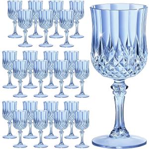 7OZ Plastic Wine Glasses, Reusable Vintage Goblets Unbreakable Drinking Glasses Crystal Water Cups Champagne for Wedding, Parties, Mother's Day (24, Blue)