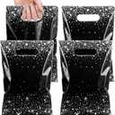 Pasimy 50 Pcs Black and Silver Party Favor Gift Bags Die Cut Plastic Treat Goodie Merchandise with Handle for Birthday Party Wedding Bridal Baby Shower Christmas New Year Gift Supplies