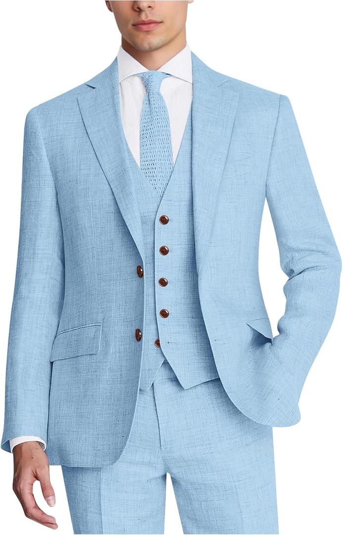 Men's Suit 3 Piece Linen Suits Slim Fit Suit Blazer Vest Pants Set Wedding Prom Tuxedos Business Casual Suit (XX-Large, Light Blue)