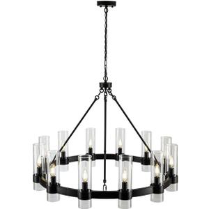 MAYNA 36" Wagon Wheel Chandelier with Clear Glass Shades, 12-Light Modern Farmhouse Round Pendant Light Fixture, Matte Black Large Industrial Ceiling Chandelier for Dining Room, Living Room