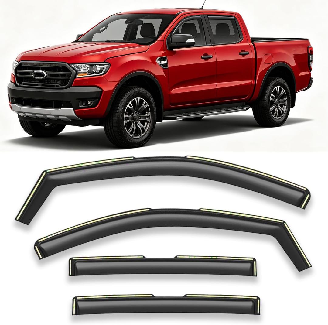 in-Channel Window Visors Vent Deflectors Sun Shade Rian Guard for Ford Ranger SuperCrew Cab 2024 2025 2026 Smoke Tinted