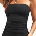 Aqua Eve Strapless Tankini Top Only for Women Bandeau Bathing Suits Ruched Tummy Control Tankini Top No Bottom (Large, Black)