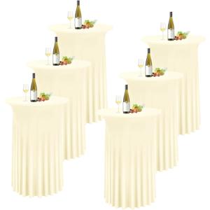 6 Packs Round Cocktail Table Skirt 32"x 43" Spandex Stretch Cocktail Tablecloth with Wavy Drapes, Beige Spandex Fitted High Top Table Covers for Wedding Bar Party Birthday Banquet Tables