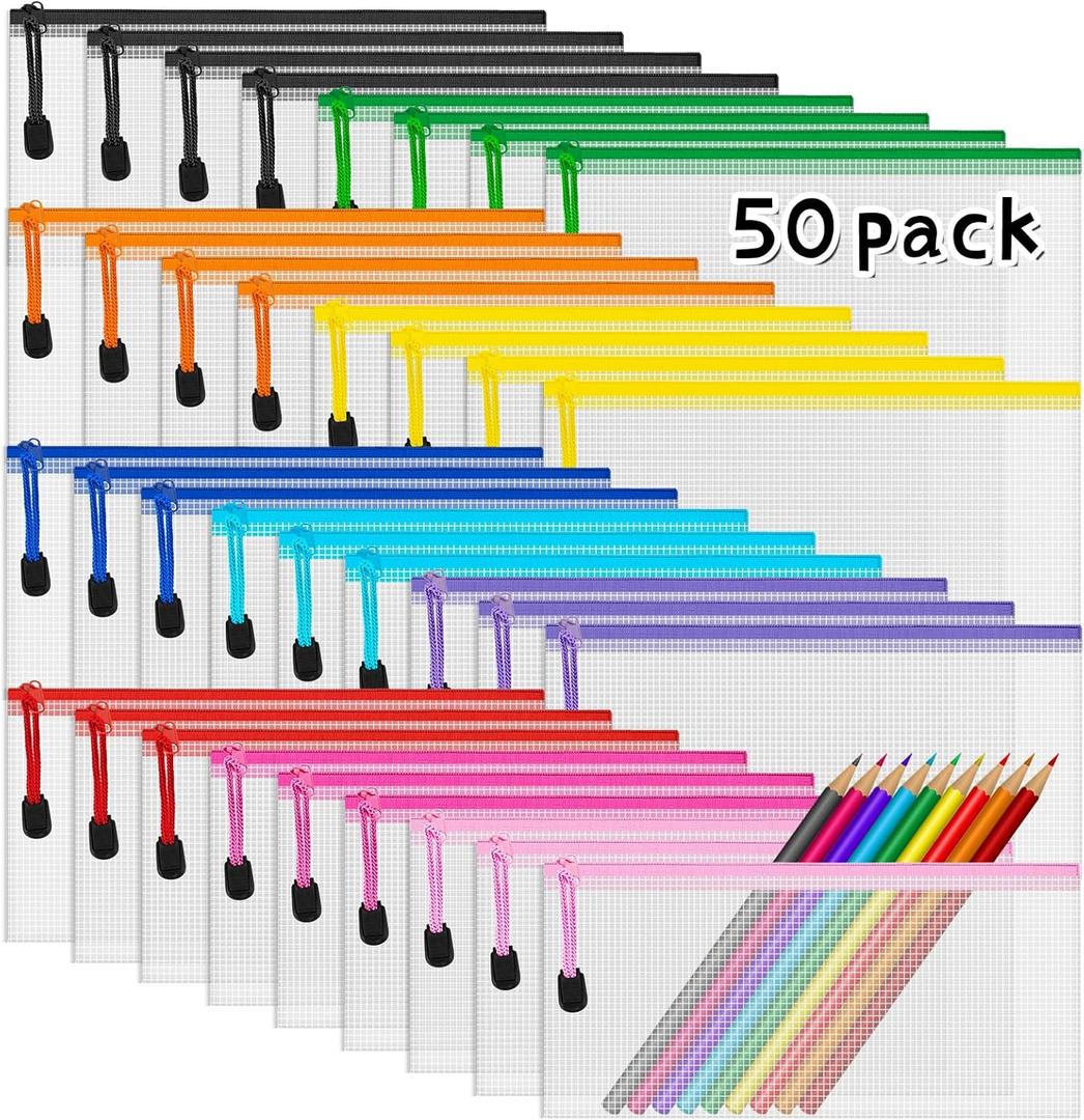 50 Pack Clear Pencil Pouch Mesh Pencil Pouch with Zipper, IKAYAS Pencil Pouch Bulk mesh Bags with Zipper Document Bag File Folders in 10 Colors for Organizing, School and Office Supplies